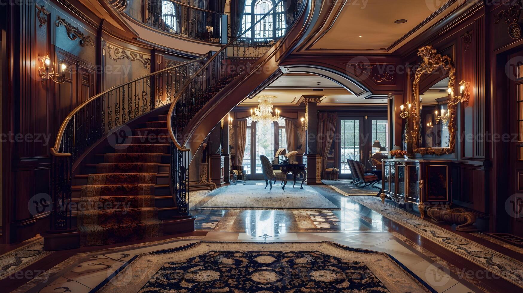 Luxurious Marble Foyer with Ornate Wooden Staircase and Sparkling Chandeliers in Elegant Mansion photo