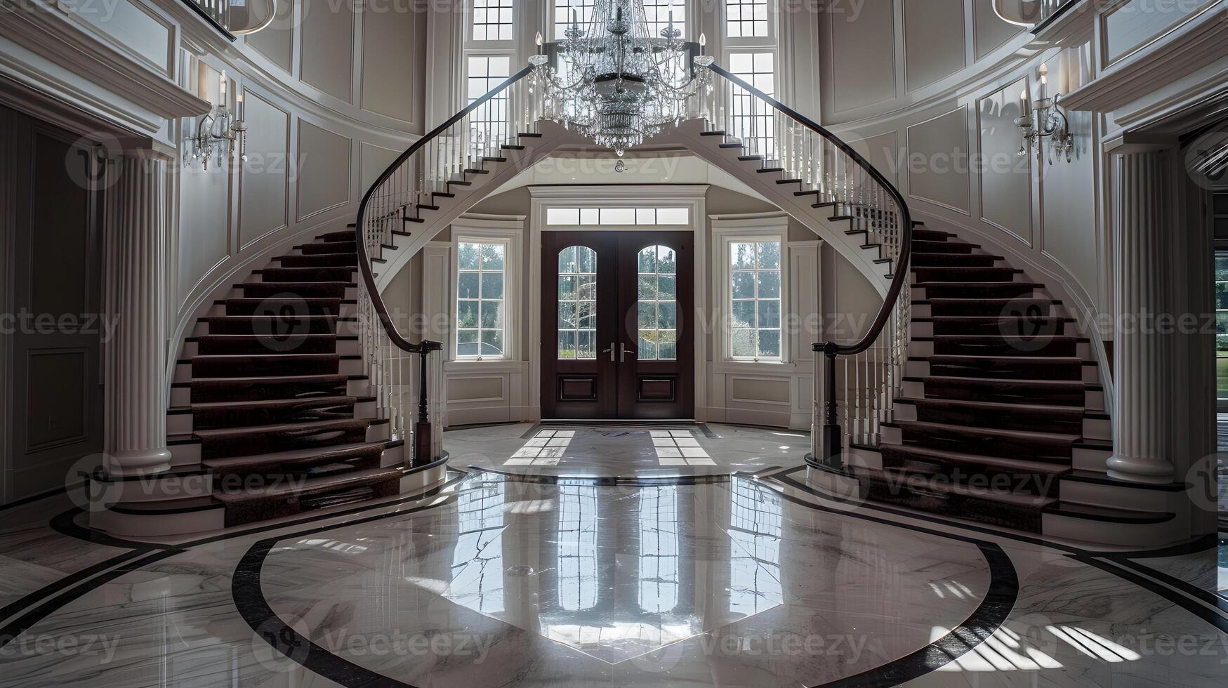 Grandiose Mansion Foyer with Sweeping Dual Staircase,Chandelier,and Ornate Design Elements photo