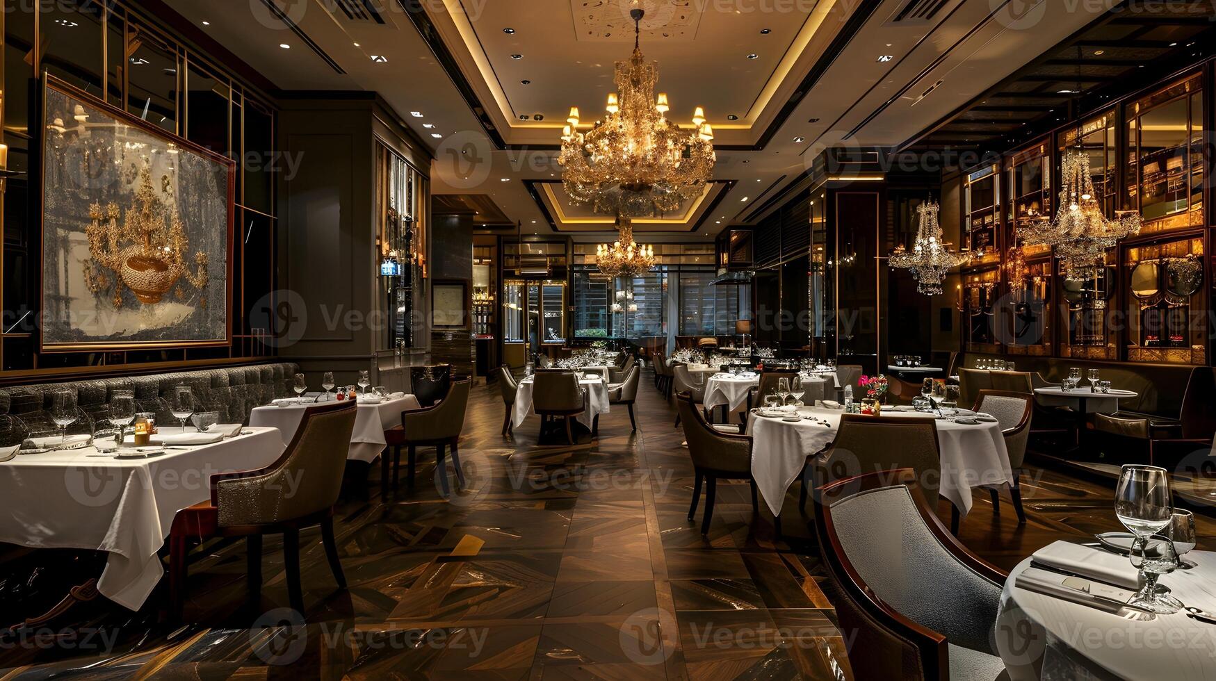 Lavish and Elegant Interior of an Upscale Fine Dining Restaurant with Ornate Chandeliers and Luxurious Furnishings photo