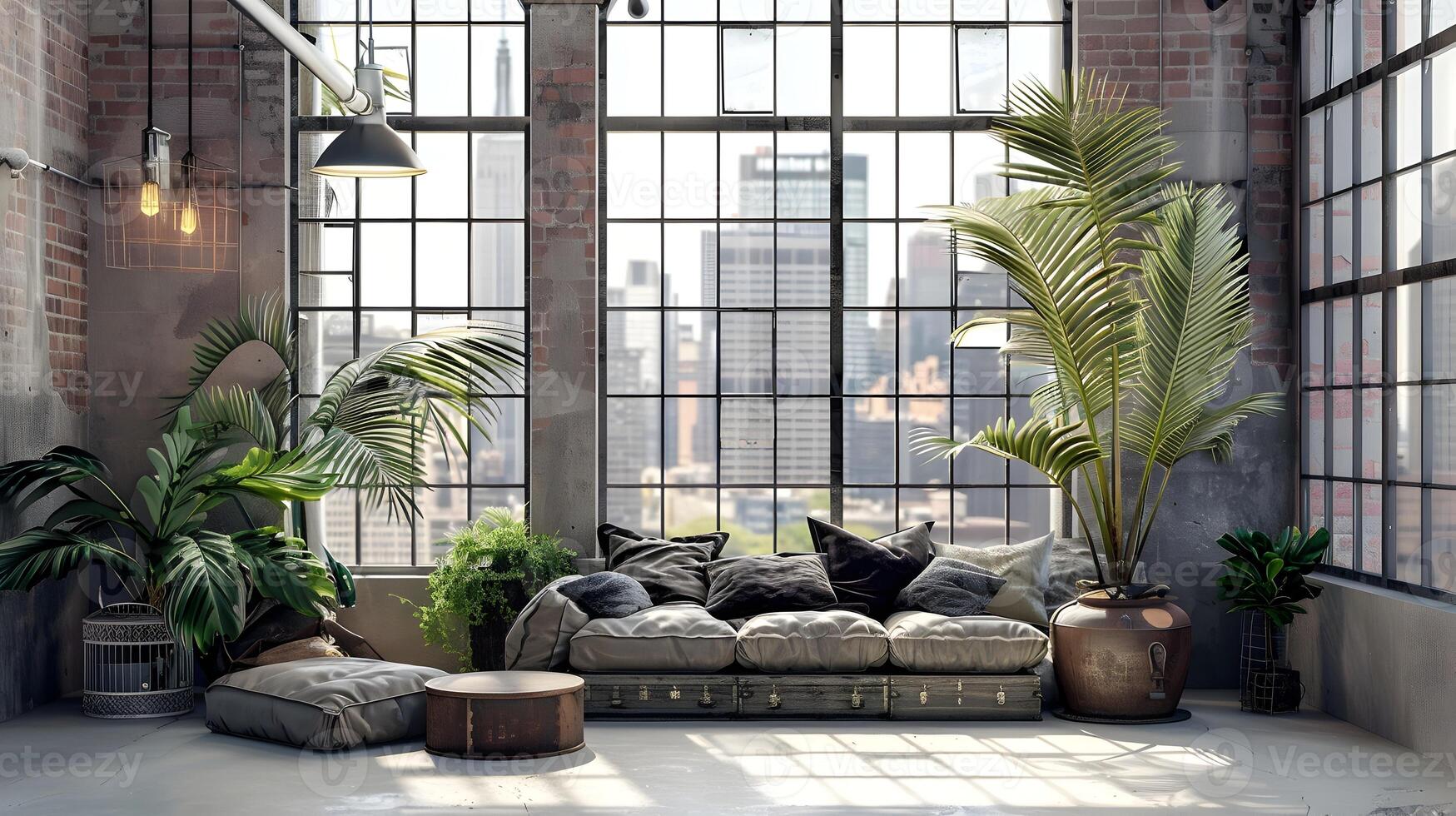Inviting Industrial Loft with Verdant Greenery and Cozy Furnishings for a Relaxing Ambiance photo