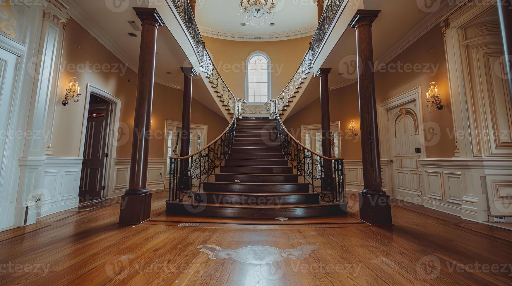 Magnificent Staircase in Opulent Historic Palace Foyer with Elegant Chandelier and Ornate Architecture photo