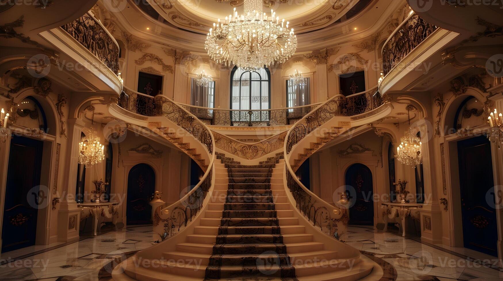 Grandiose Marble Staircase in Ornately Decorated Palatial Mansion's Elegant Entrance Hall photo