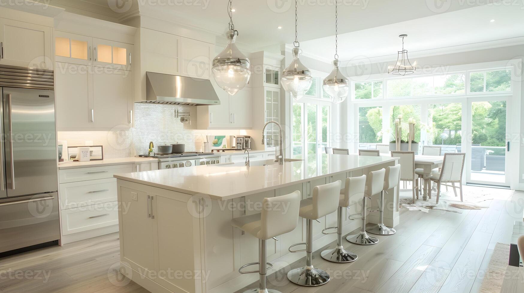 Luxurious and Bright Open Concept Kitchen and Dining Area in Modern Architectural Home photo