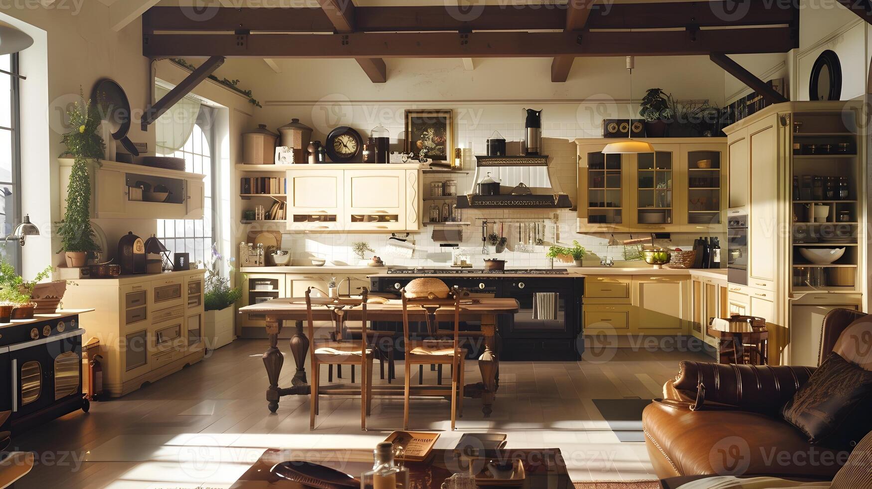 Cozy and Welcoming Rustic Farmhouse Kitchen and Living Room with Wooden Beams and Vintage Furnishings photo