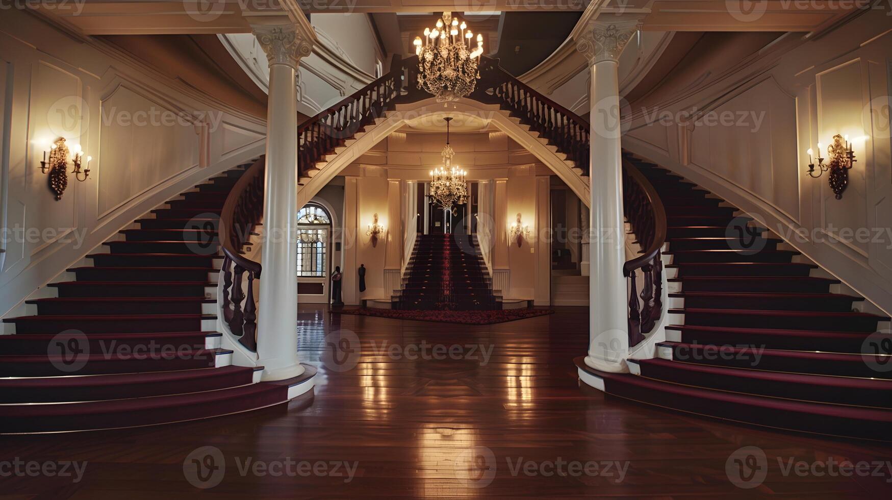 Grand Staircase of Ornate and Elegant Mansion Interior with Chandelier and Lavish Decor photo