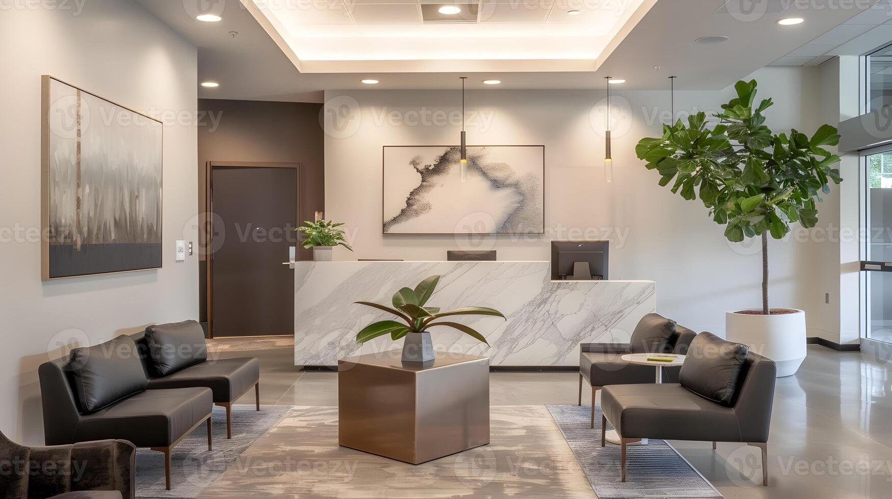 Elegant and Sophisticated Lobby Entrance with Marble Flooring and Contemporary Decor photo