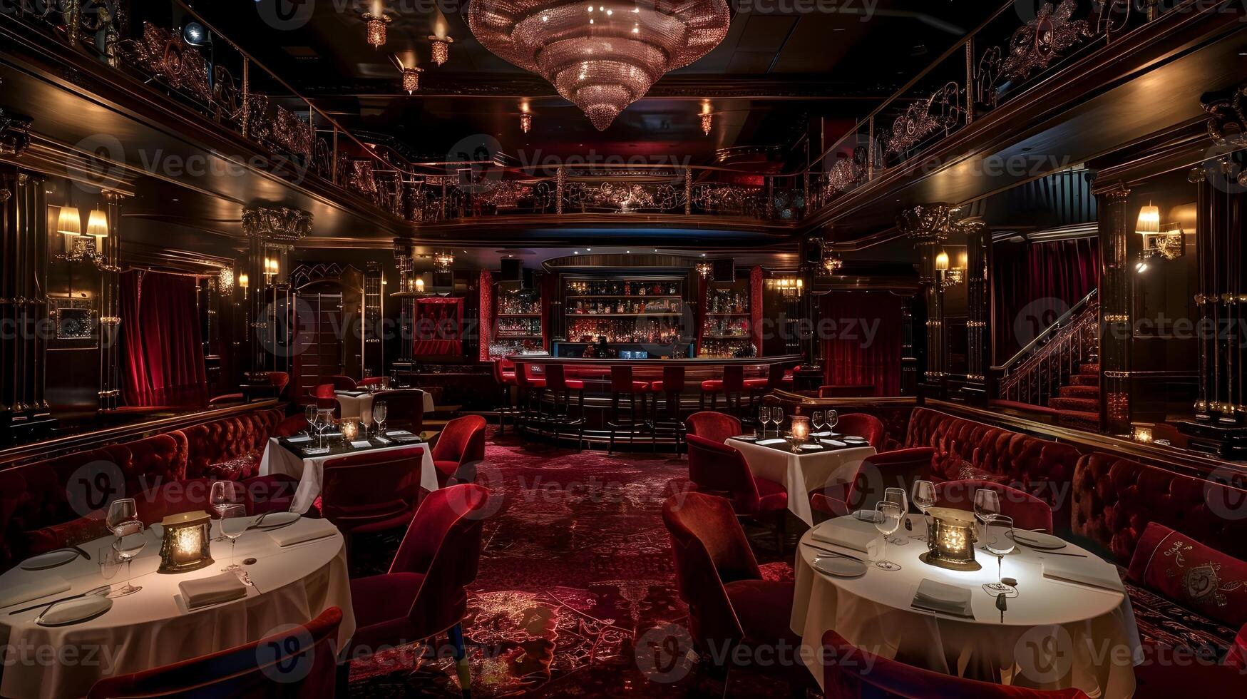 Elegant and Opulent Interior of an Exclusive Fine Dining Restaurant with Luxurious Decor and Lighting photo