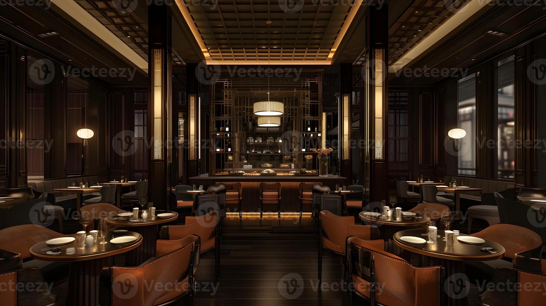 elegante y acogedor gama alta restaurante interior con de madera mueble y temperamental Encendiendo foto