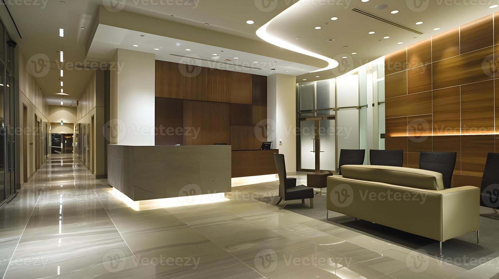 Elegant and Minimalist Corporate Lobby with Sleek Furnishings and Architectural Lighting photo