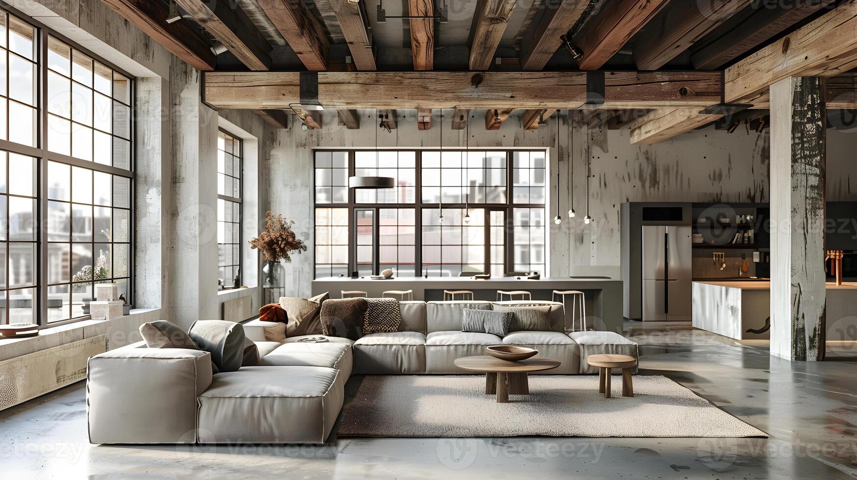 Cozy and Inviting Loft-Style Living Room with Rustic Industrial Charm and Minimalist Design Elements photo