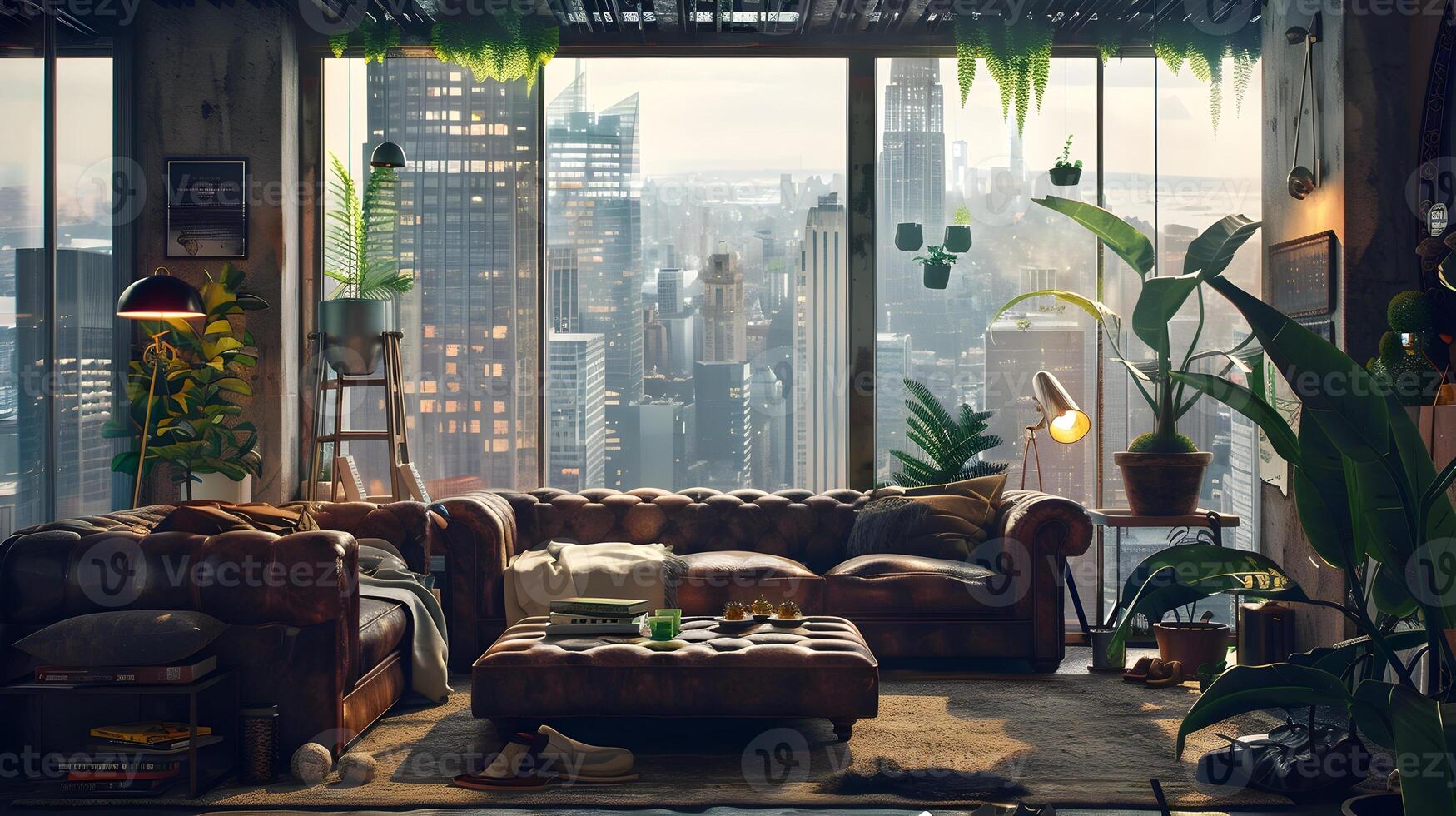 Cozy Loft Apartment Overlooking Vibrant City Skyline A Harmonious Blend of Urban Aesthetics and Warm,Inviting Interiors photo