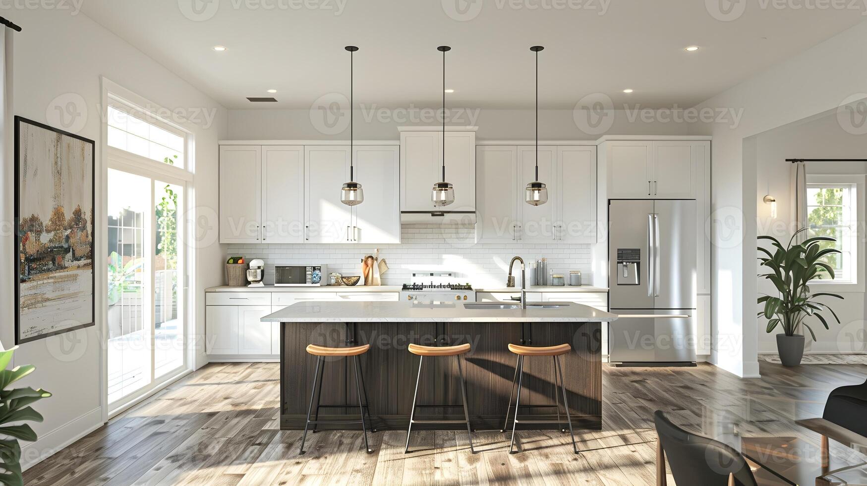 elegante y funcional moderno cocina con madera dura pisos, elegantes electrodomésticos, y elegante Encendiendo accesorios foto