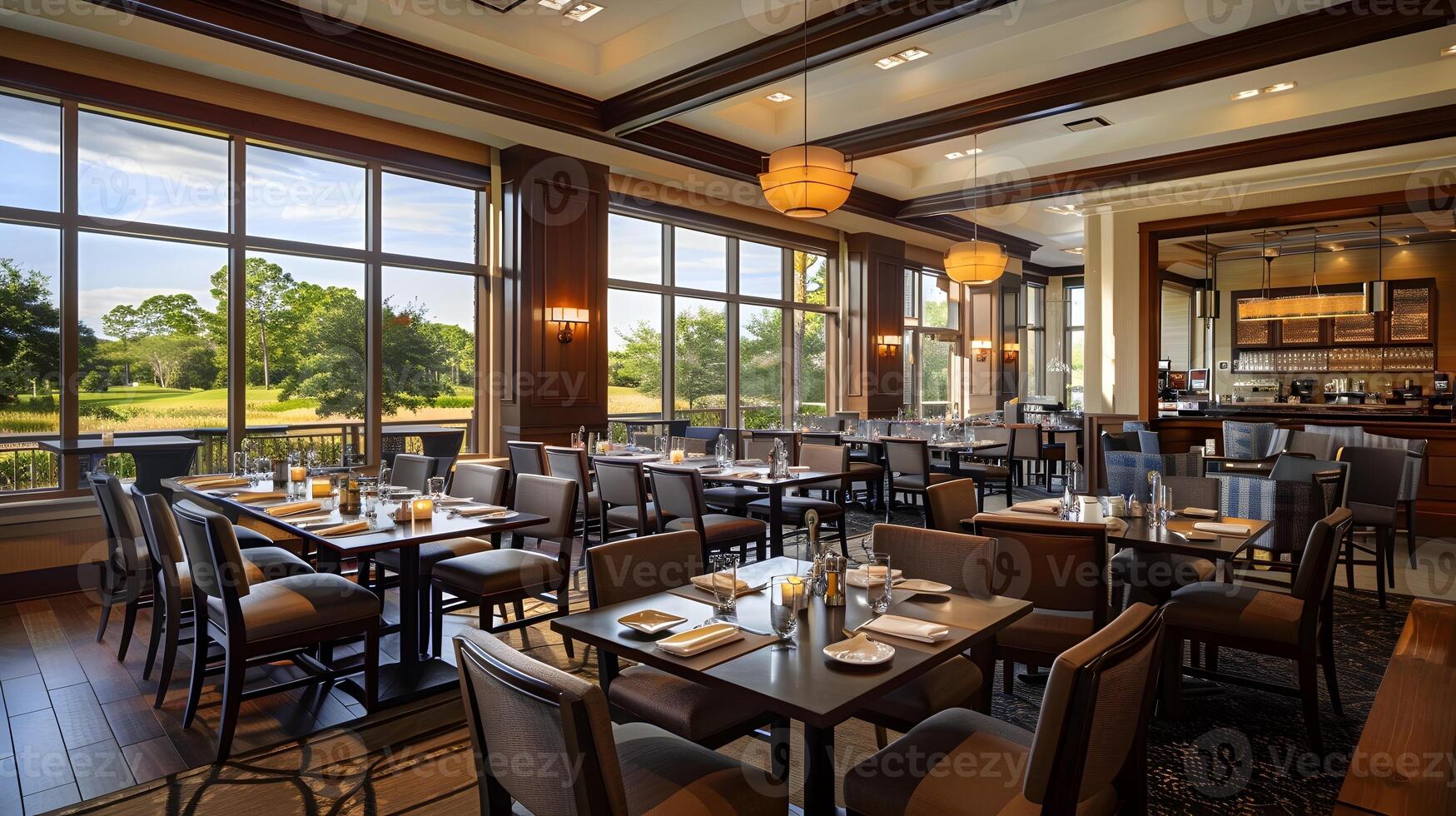 Elegant and Inviting Upscale Restaurant Interior with Cozy Ambiance and Modern Decor photo