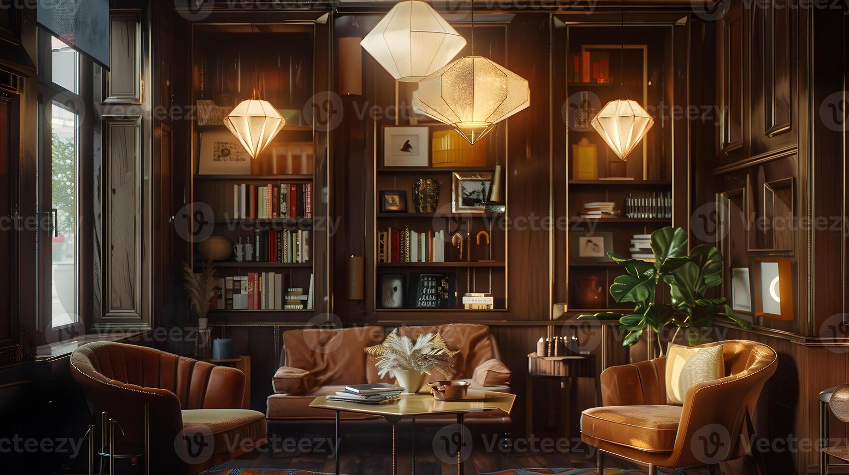 Elegant and Cozy Vintage Library Interior with Antique Furniture and Warm Lighting photo