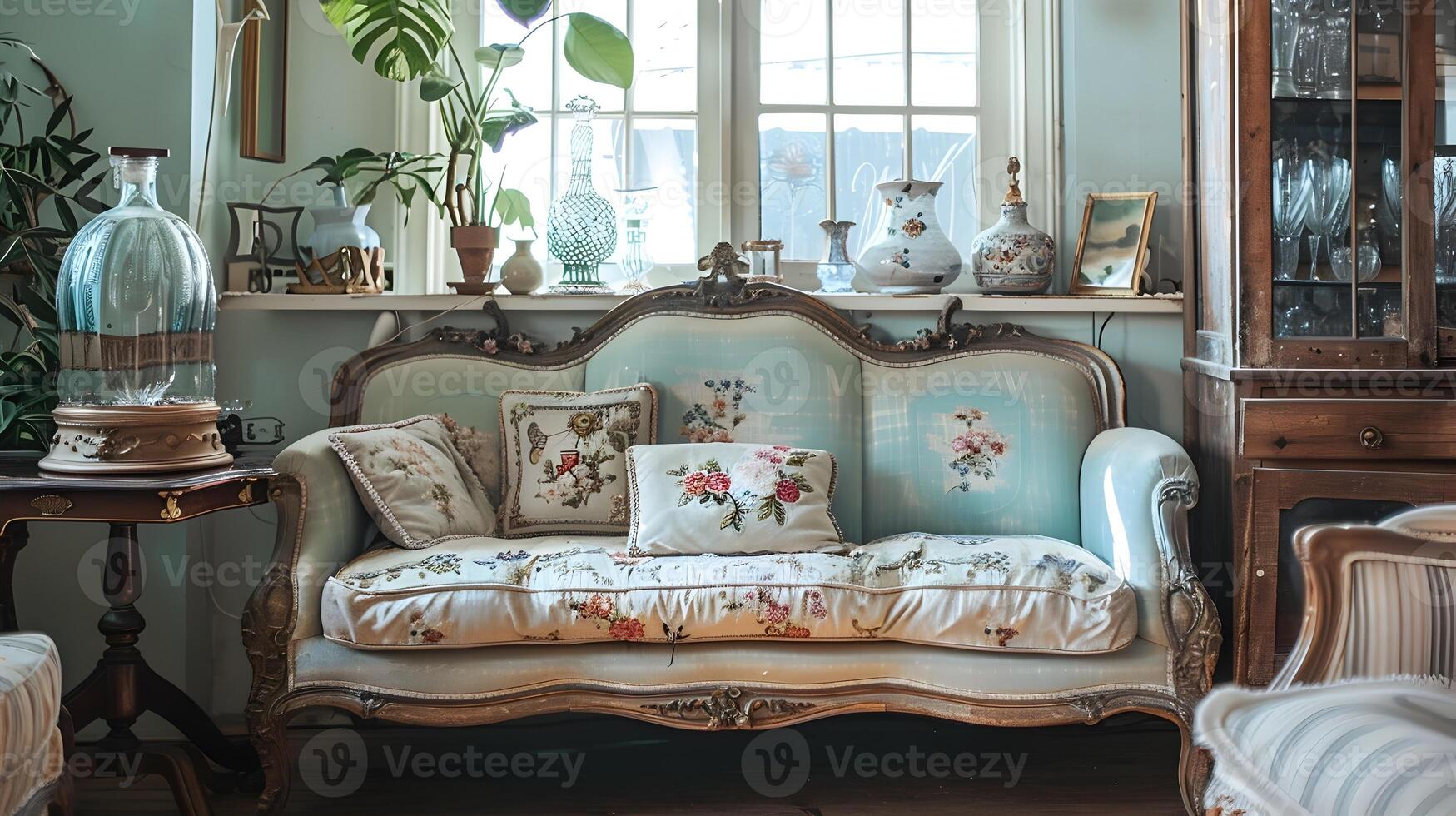 Elegant and Cozy Vintage-Inspired Living Space with Antique Furnishings and Floral Decor photo