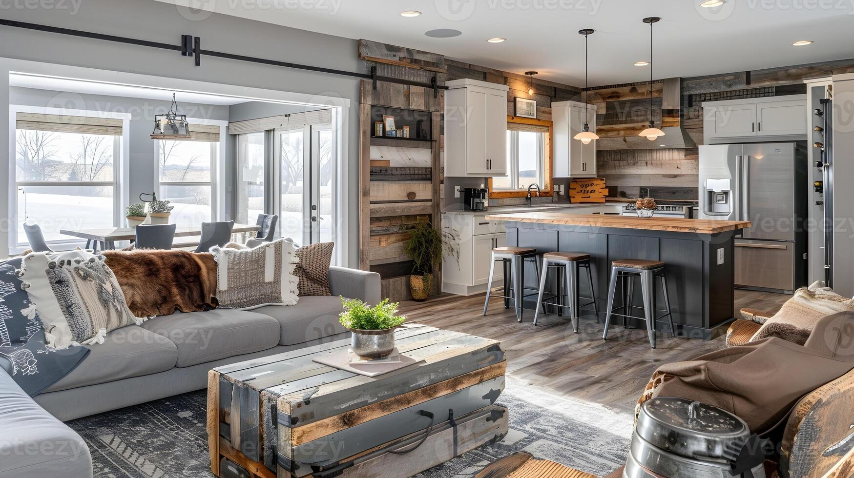 Cozy and Inviting Open Concept Living Room and Kitchen in Rustic Modern Home Design photo