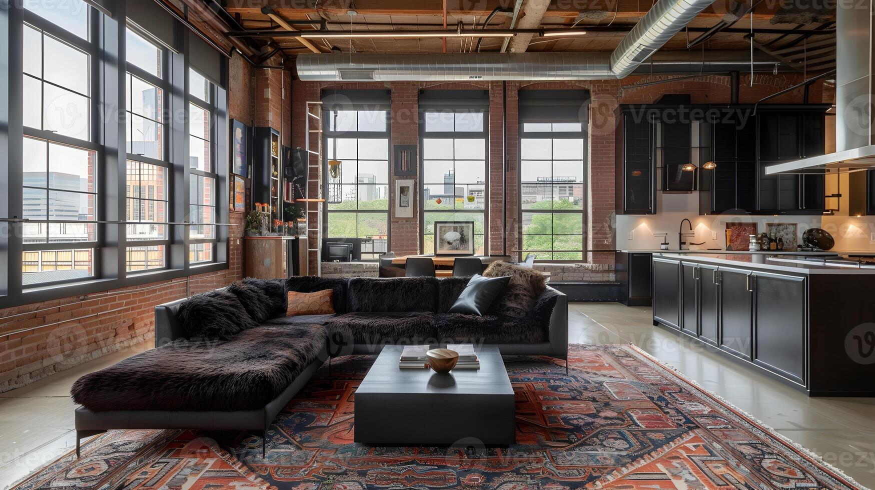 Cozy and Inviting Industrial-Style Loft Apartment with Modern Rustic Decor and Open Concept Layout photo