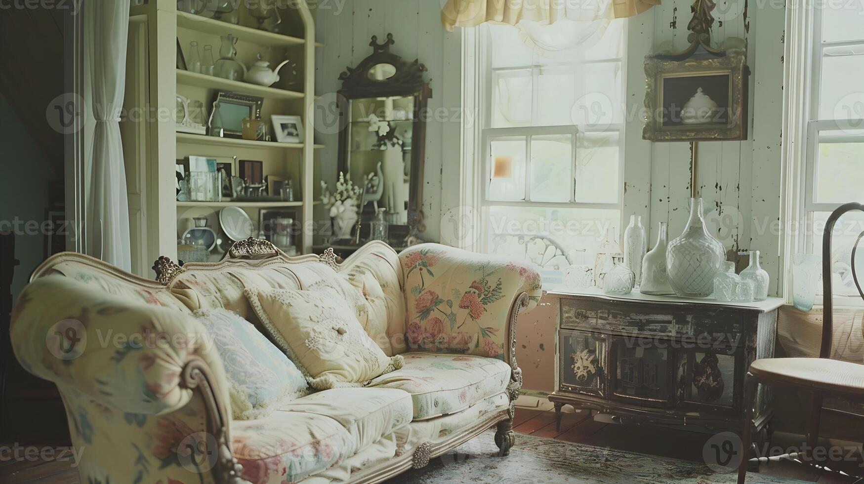 Cozy and Elegant Vintage-Inspired Living Room with Antique Decor and Homely Ambiance photo