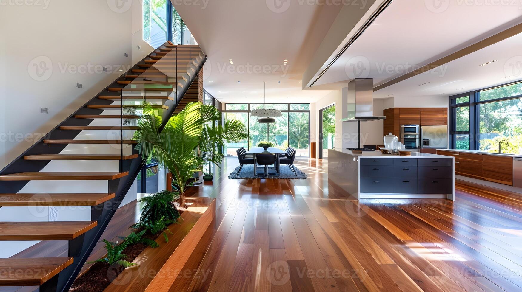 brillante y abierto contemporáneo hogar interior con de madera pisos, exuberante vegetación y pulcro mueble foto