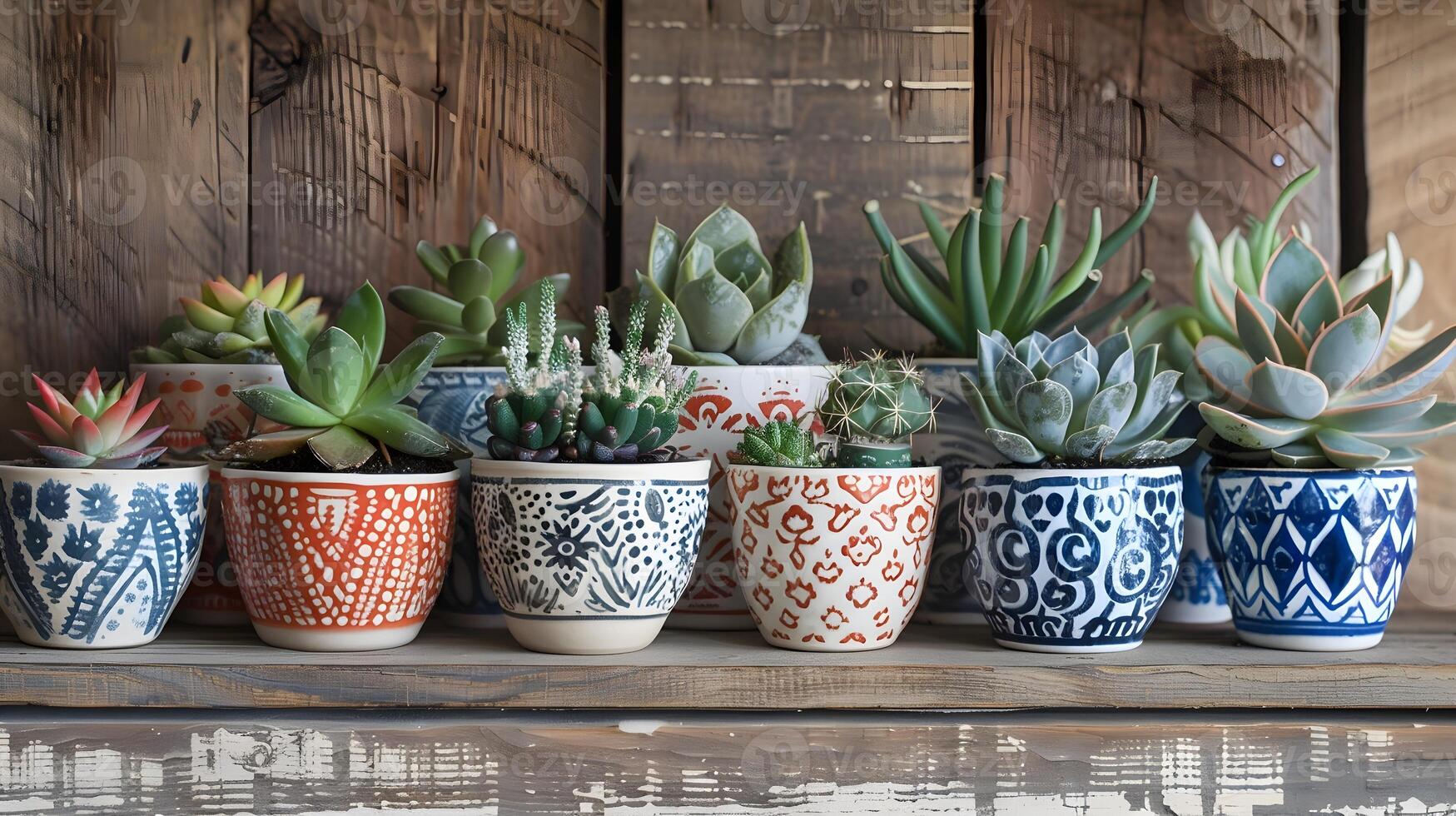 Colorful and Textured Succulent Plants in Decorative Ceramic Pots Displayed on a Rustic Wooden Shelf photo