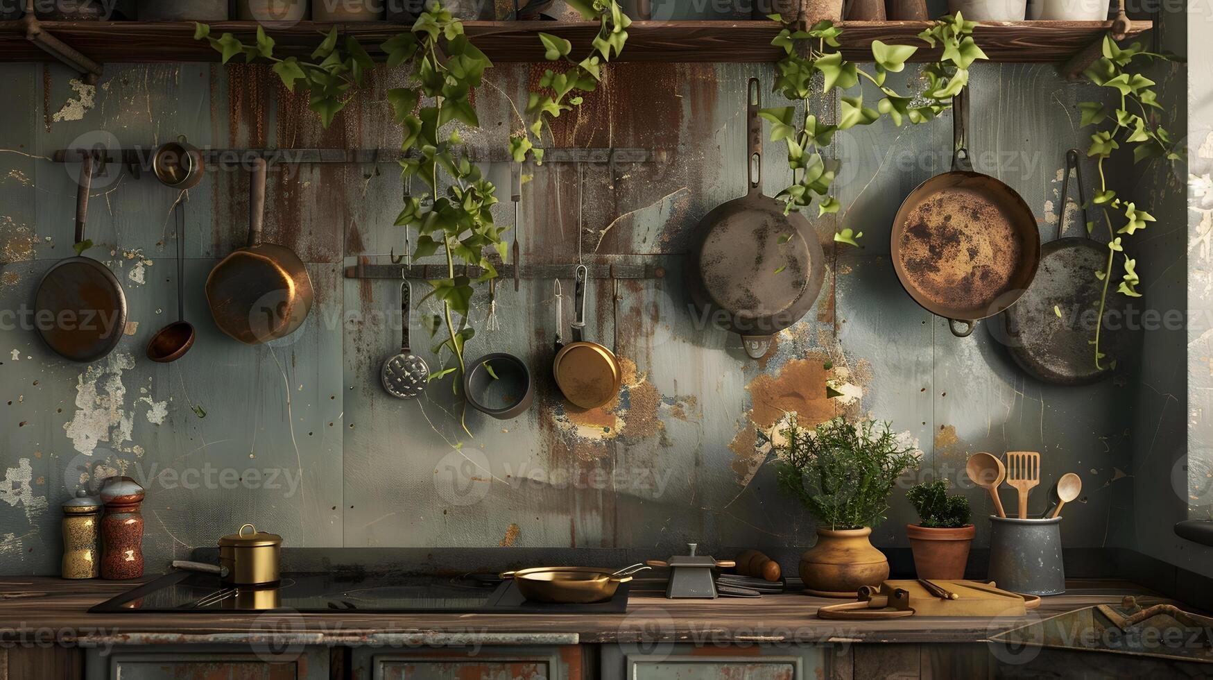 Cozy Rustic Kitchen Filled with Vintage Cooking Utensils and Houseplants photo