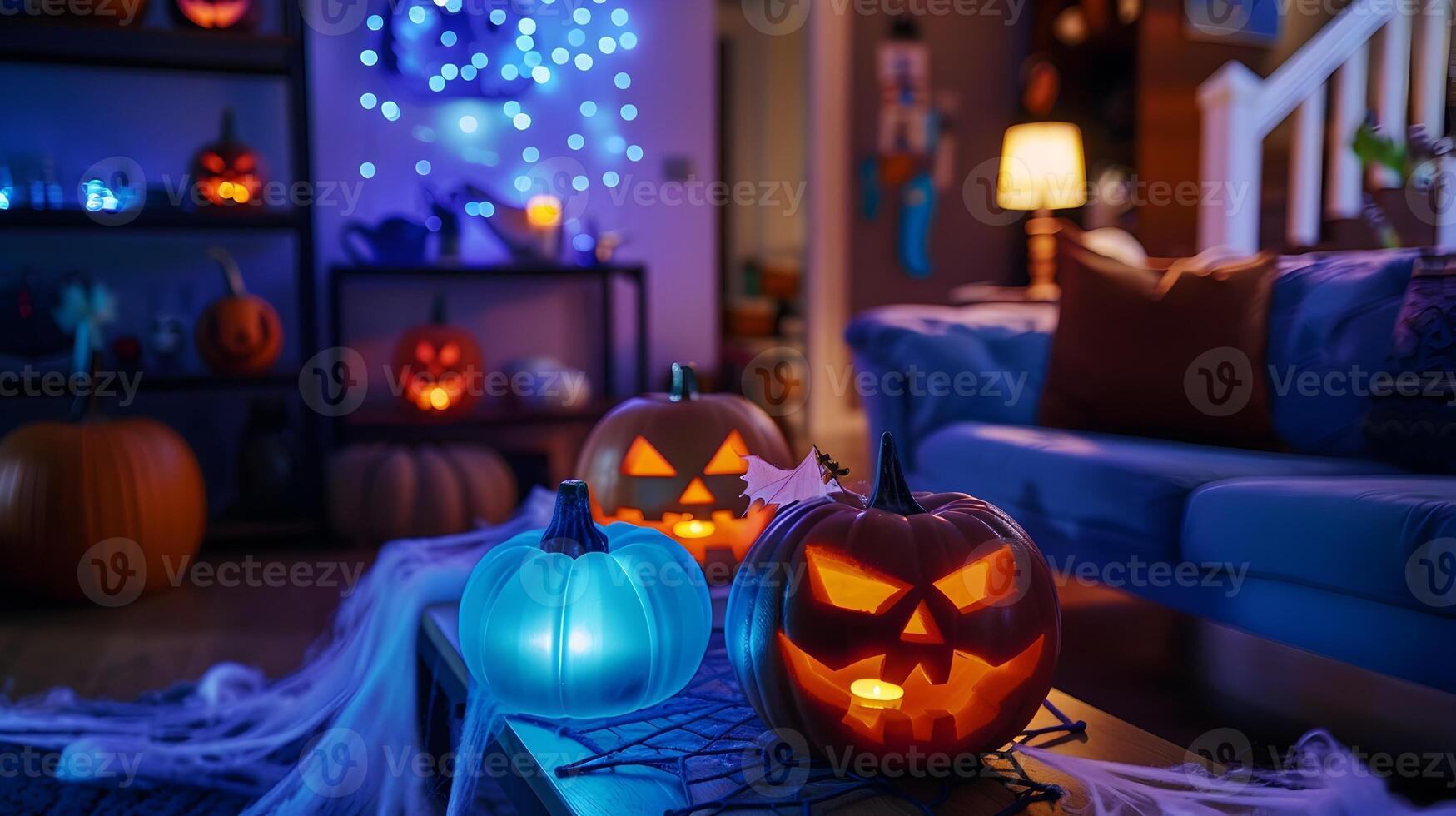 Atmospheric Halloween Scene with Glowing Pumpkins and Festive Decor in a Cozy Living Room photo