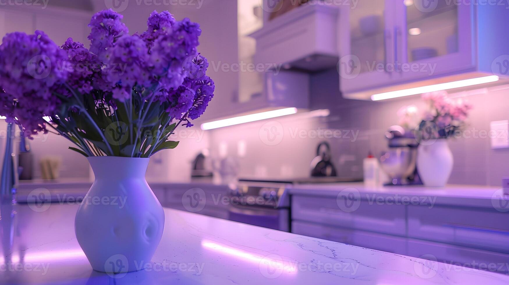 Elegant and Luxurious Purple Flowers Beautifully Displayed on a Modern Kitchen Counter with Warm Lighting and Minimalist Decor photo