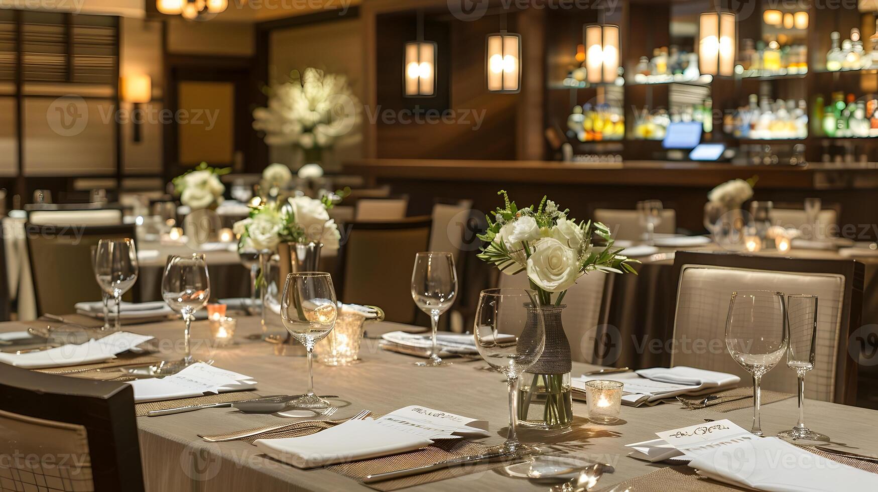 Elegant formal dining table setting in upscale restaurant with candles, flowers, and fine glassware for a special occasion photo