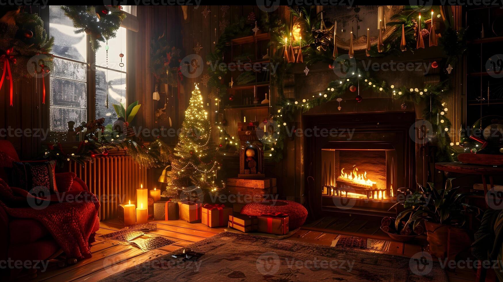 Cozy Christmas Cabin Scene with Fireplace, Tree and Festive photo