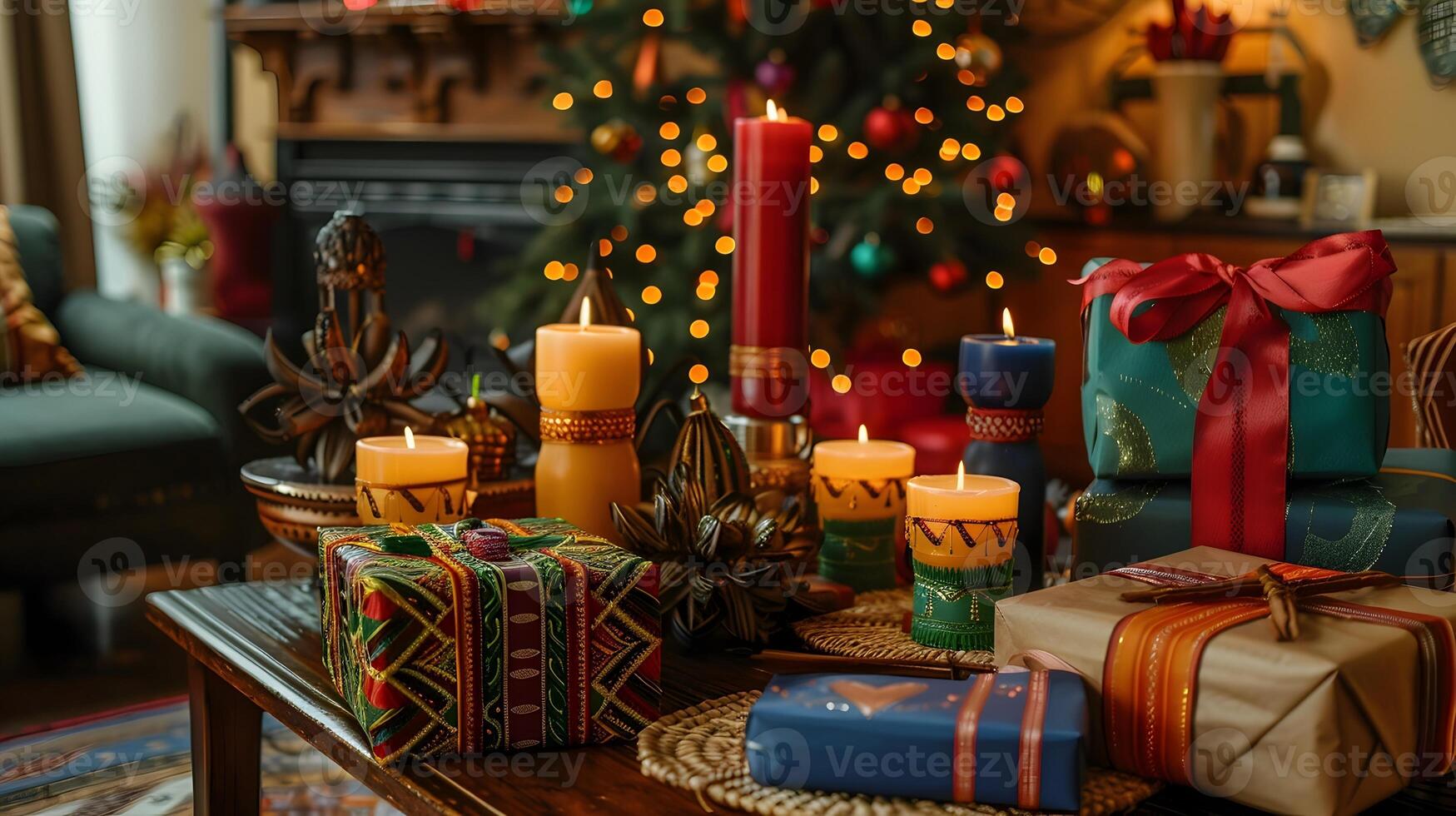 Cozy and Festive Christmas Decor with Candles,Gifts,and Fireplace Ambiance photo