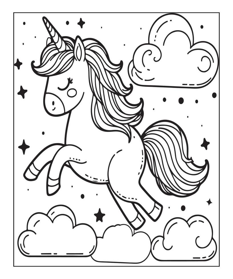 unicorn with cloud coloring page for kids vector