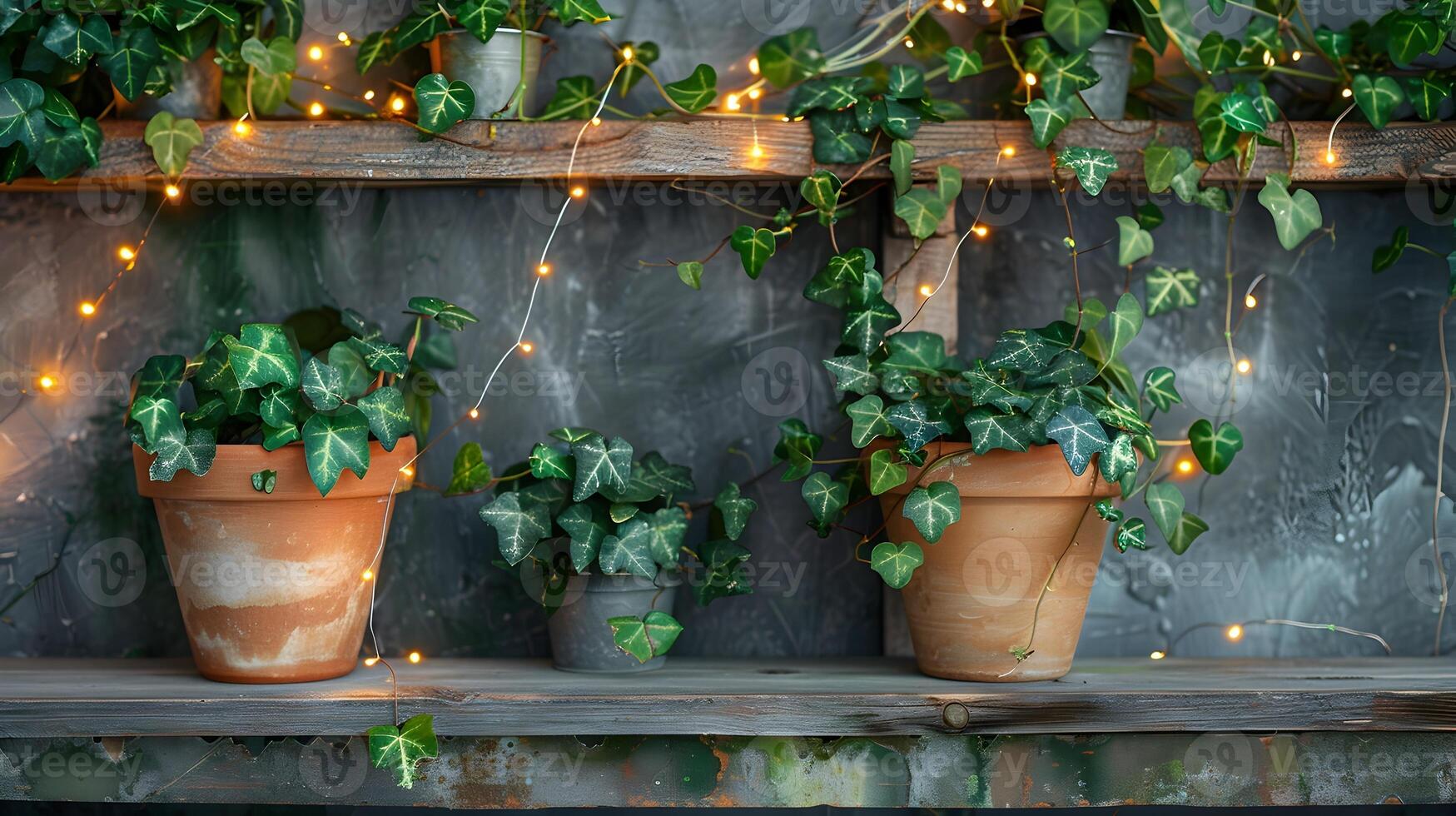 Verdant Vines Adorning a Rustic Wooden Shelf with Twinkling Lights in a Cozy Indoor Setting photo