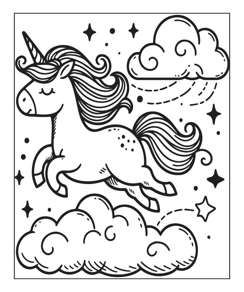 unicornio con nube colorante página para niños vector