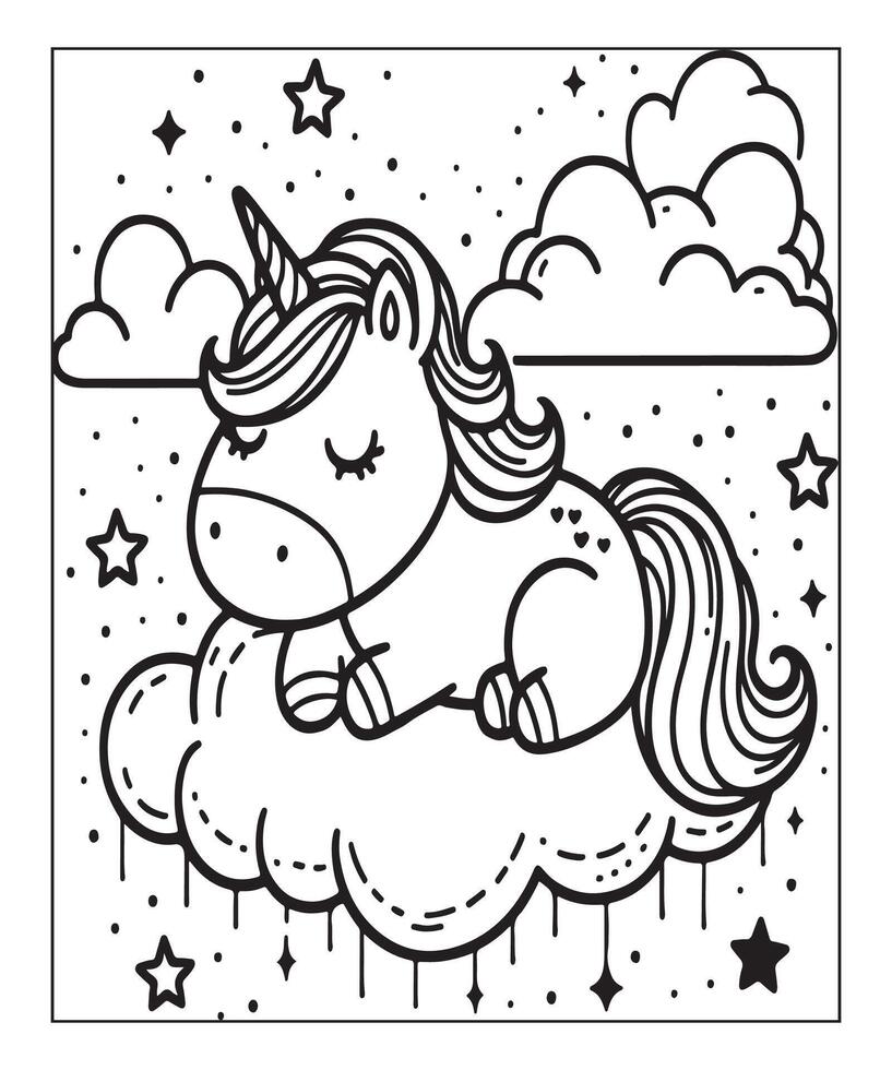 unicorn with cloud coloring page for kids vector