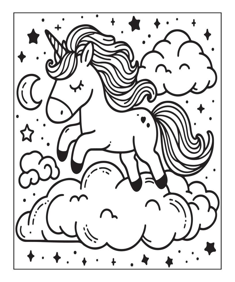 unicornio con nube colorante página para niños vector