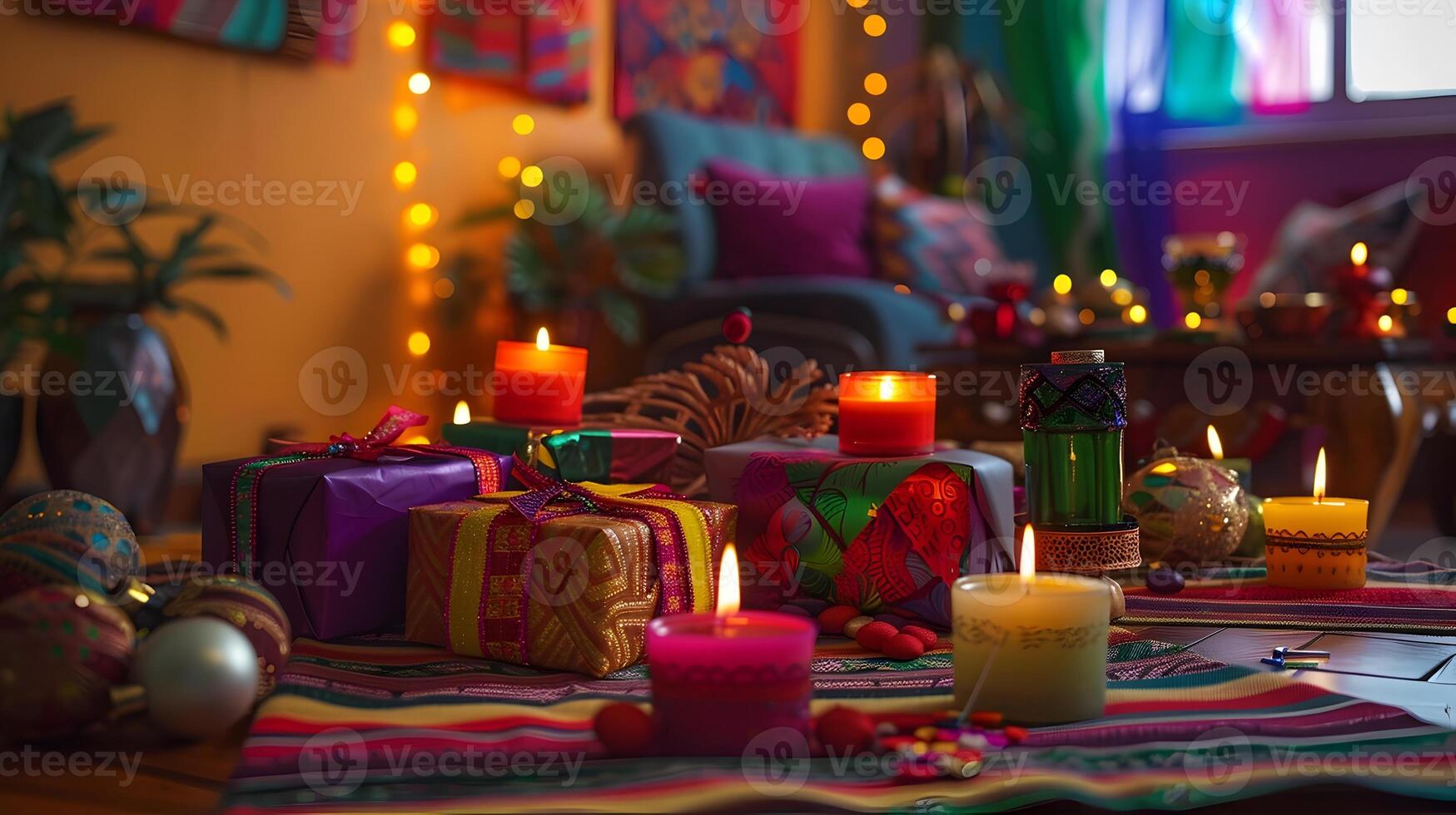 Cozy and Festive Holiday Home Decor with Candles,Lights,and Christmas Gifts Artfully Arranged on a Tabletop photo