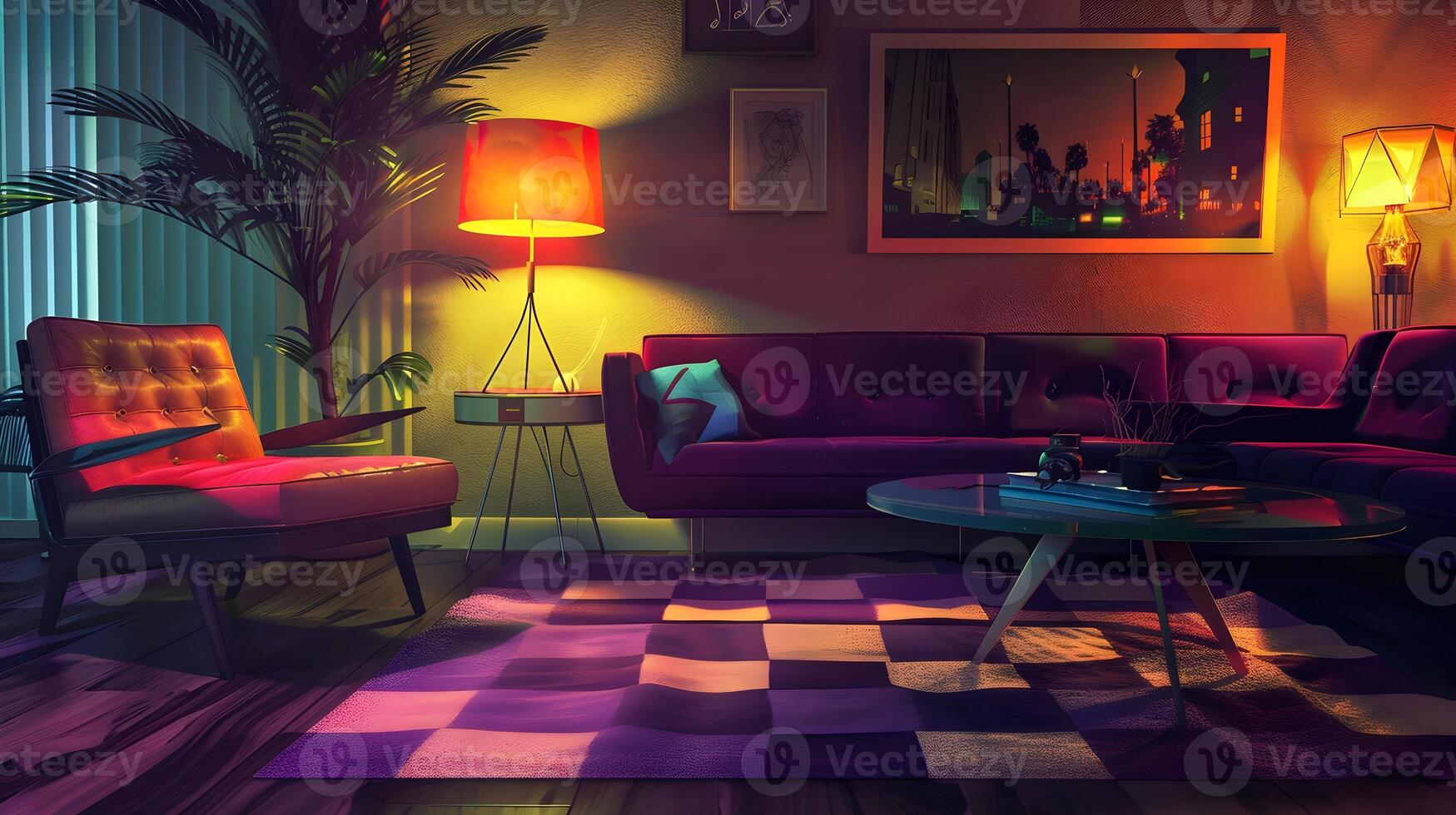 Vibrant and Cozy Retro-Inspired Lounge with Geometric Tiled Floor and Neon Ambiance photo