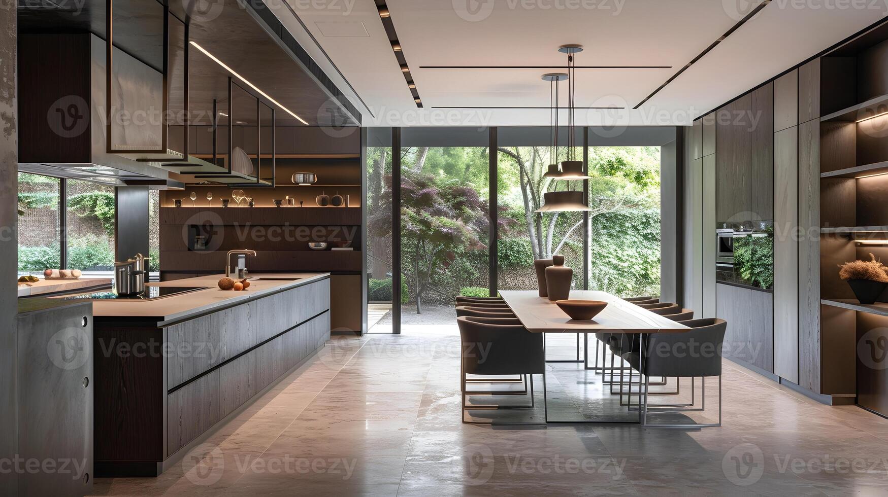 Spacious and Harmonious Modern Kitchen and Dining Area Blending Seamlessly with Lush Surrounding Greenery photo