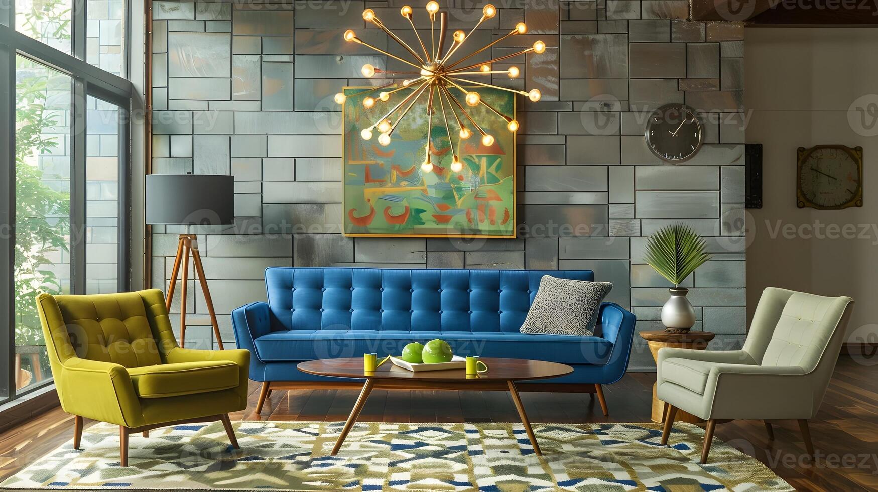 Vibrant and Cozy Contemporary Living Room with Striking Lighting Fixture and Plush, Jewel-Toned Upholstery photo