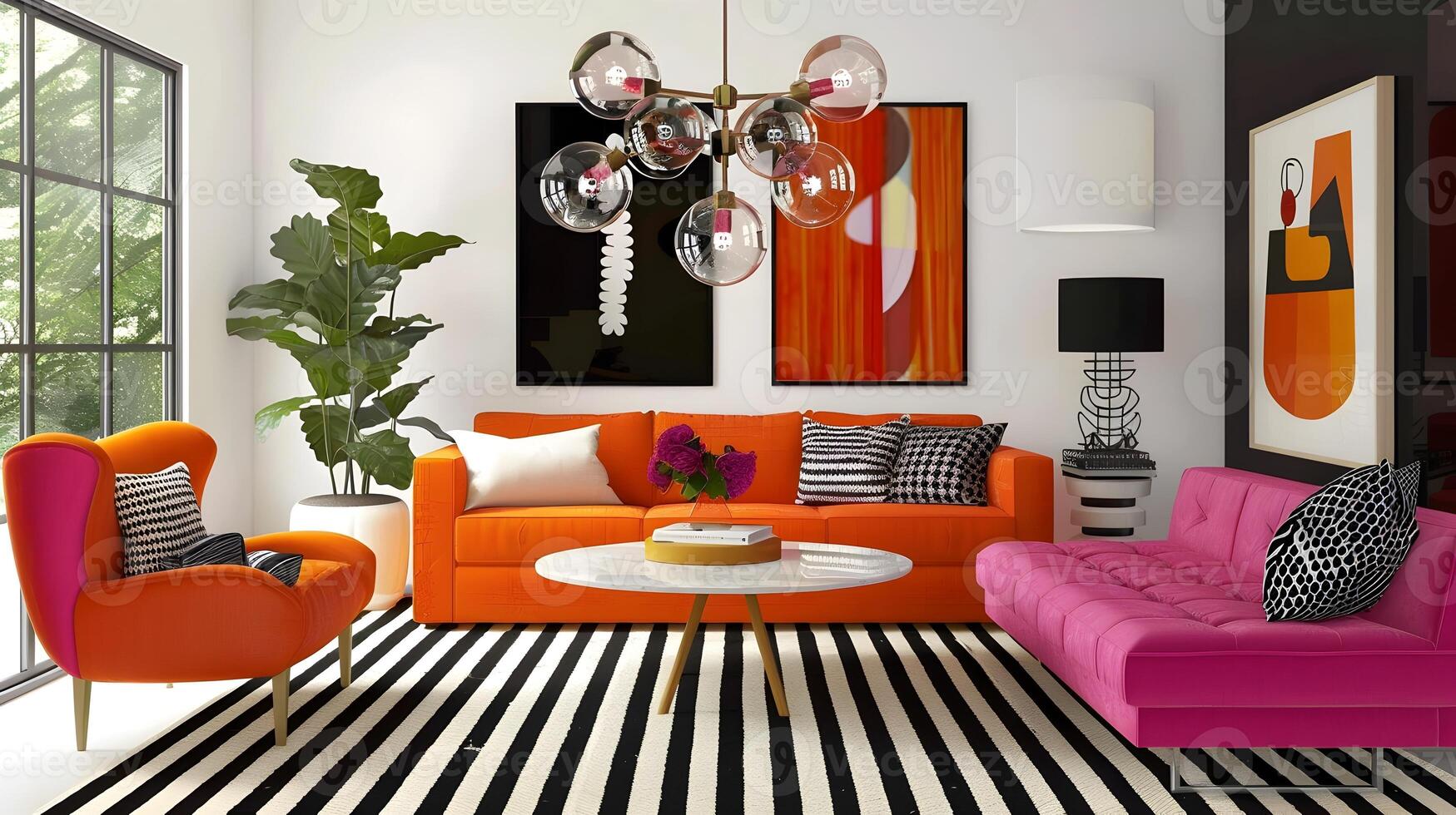 Vibrant and Eclectic Modern Living Room with Striking Geometric Patterns and Pops of Colorful Decor photo