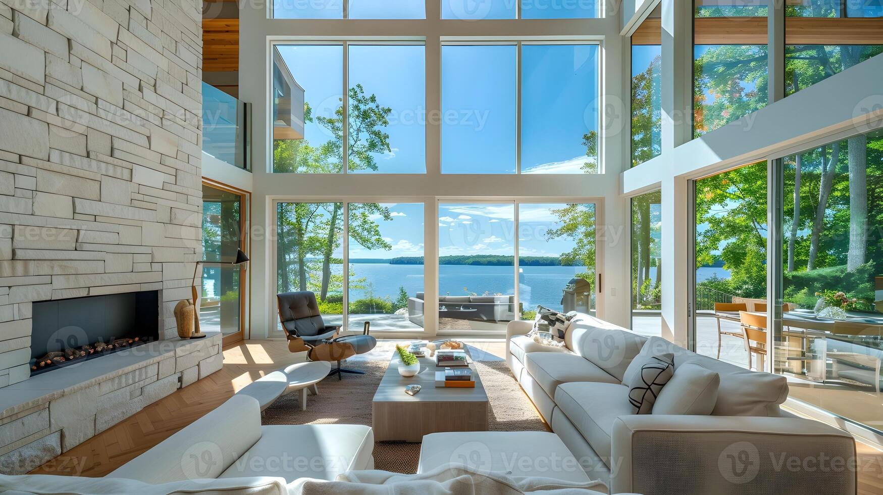 Stunning Modern Living Room with Panoramic Lake and Forest Views photo