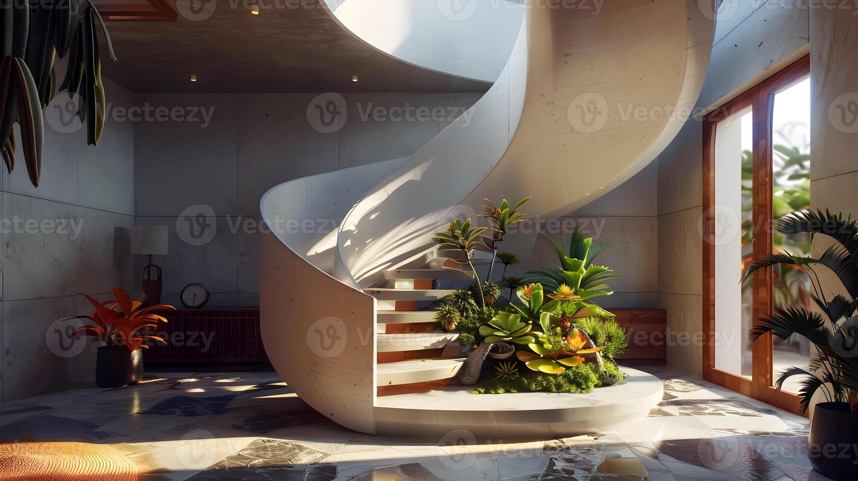 Striking Spiral Staircase and Lush Tropical Foyer in Modern Architectural Masterpiece photo