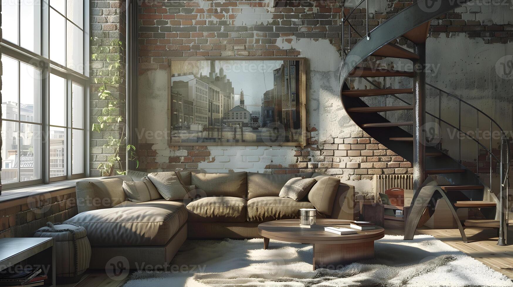 Stunning Loft-Style Living Room with Brick Walls and Contemporary Furniture Exuding a Cozy and Inviting Ambiance photo