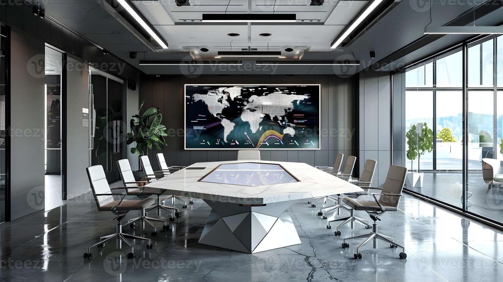 Sleek and stylish modern boardroom with panoramic views and digital world map display for global business and strategic decision-making photo