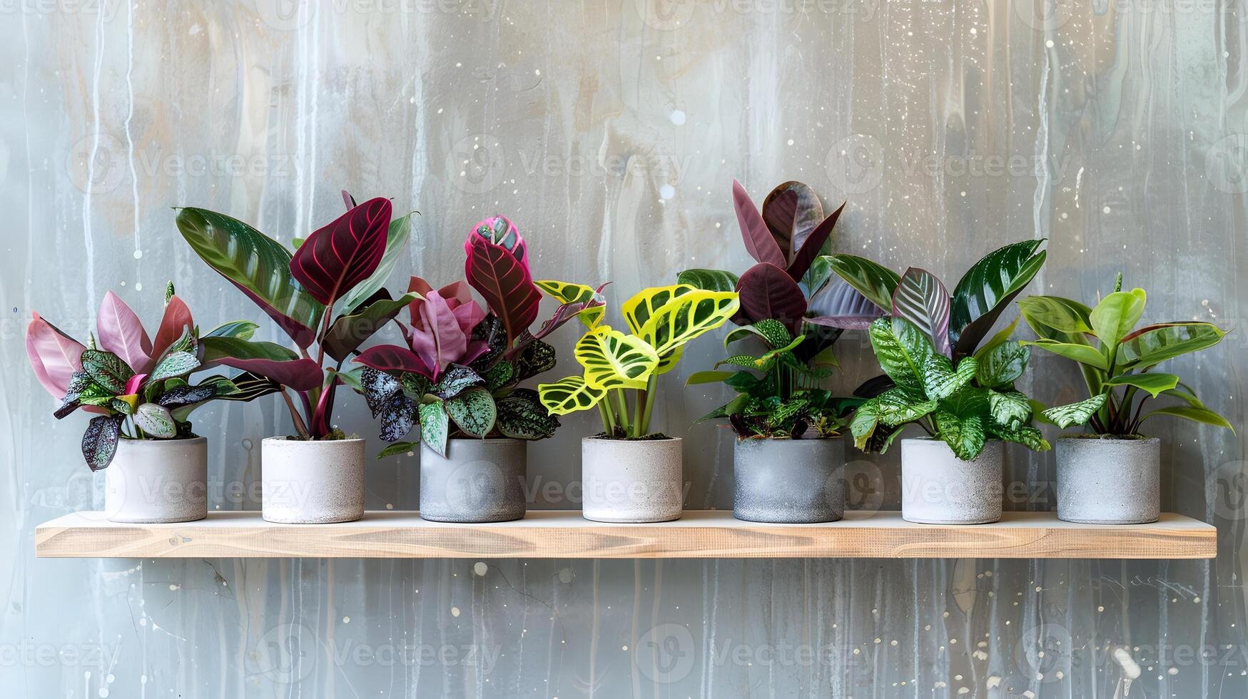 vibrante plantas de interior desplegado en de madera estantería en contra texturizado hormigón pared foto