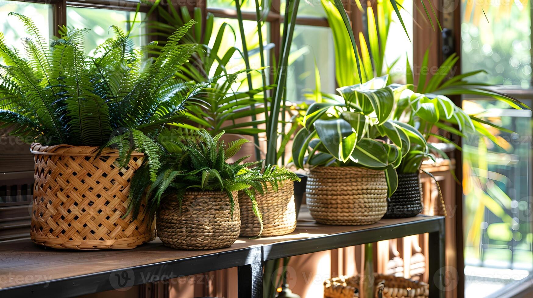 Lush Botanical Display in Cozy Interior Setting with Natural Wicker Baskets and Shelves photo