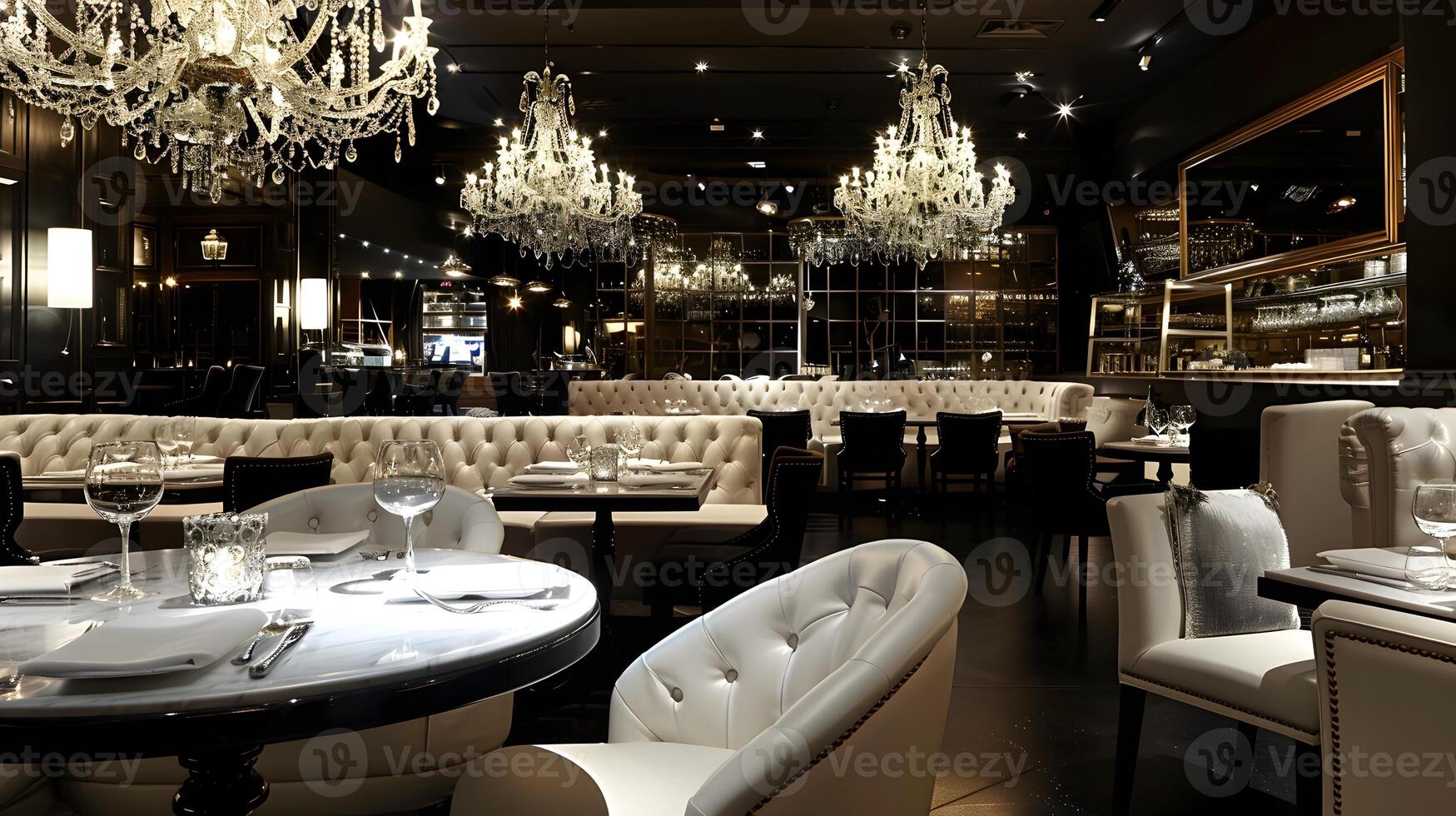 Sophisticated and Luxurious Interior of an Upscale Restaurant or Bar with Elegant Furniture,Chandeliers,and Refined Decor photo