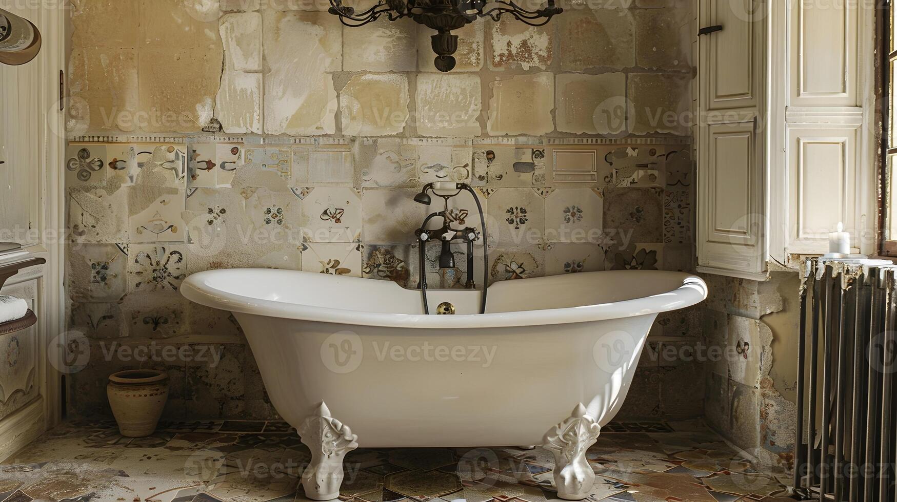 Ornate Vintage Clawfoot Tub in Rustic Stone Bathroom with Elegant Chandelier Lighting photo