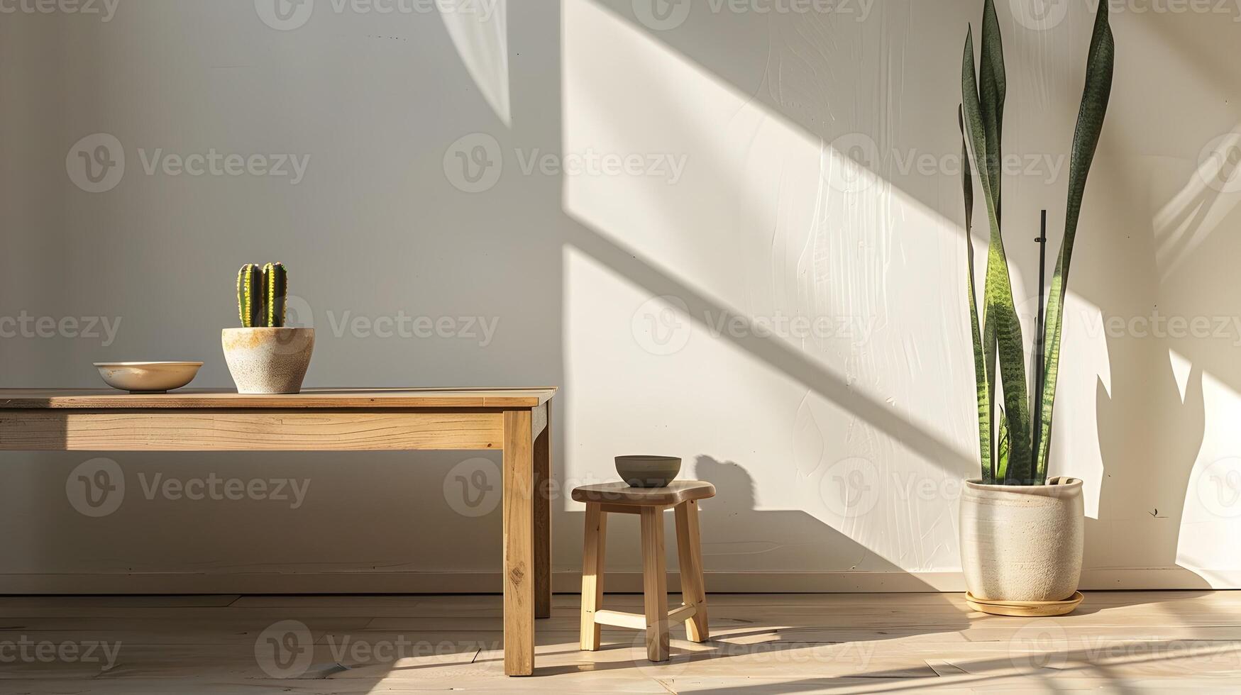 Modern Minimalist Interior Design with Wooden Table,Stool,and Potted Plant Bathed in Natural Sunlight and Shadow photo