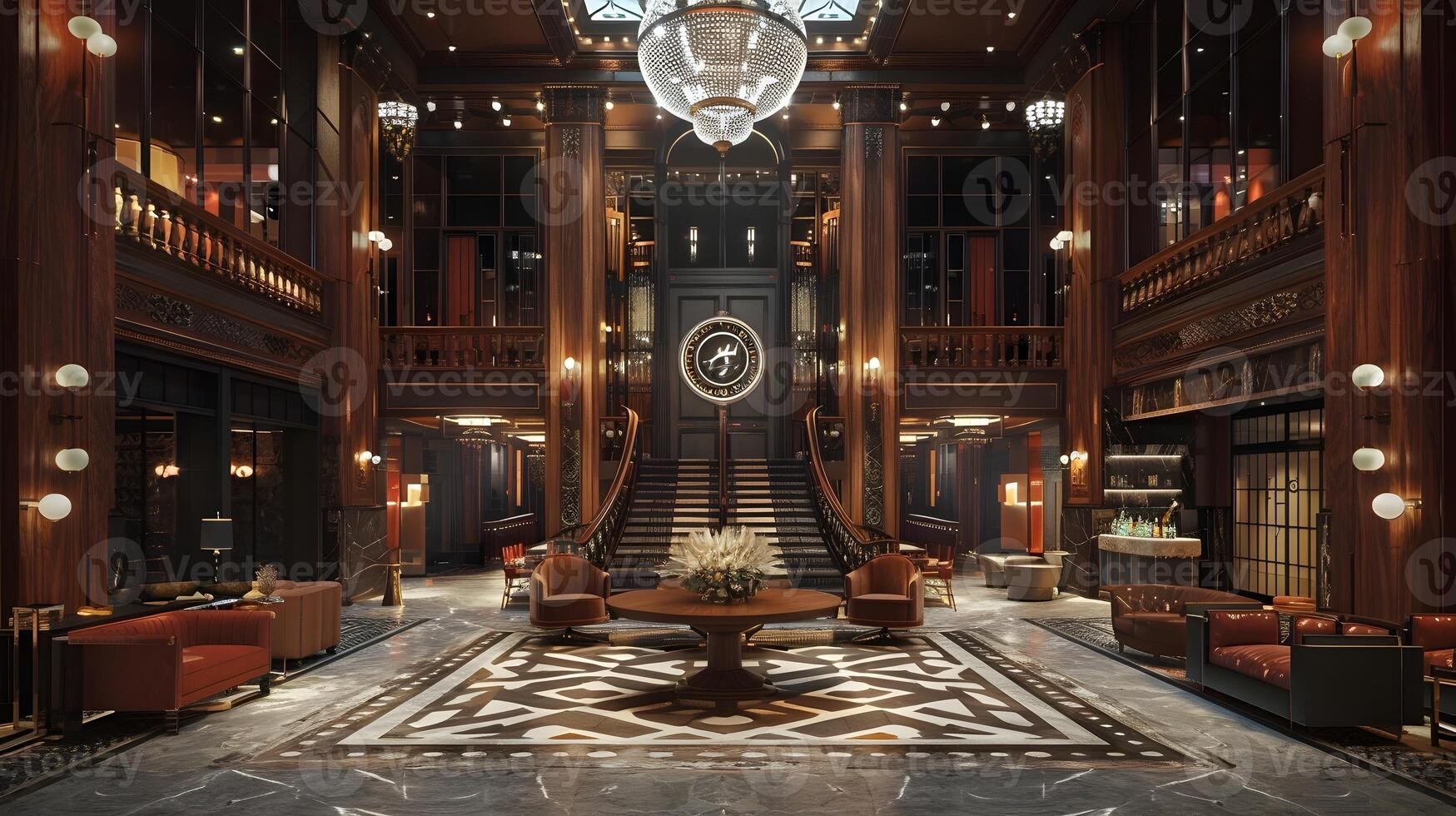 Magnificent Opulent Grandiose Neoclassical Interior of a Historic Lavish Marble Palace with Ornate Chandelier and Staircase photo